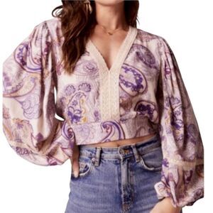 Band of the Free Cream/Purple Paisley Lilian Boho Crop Blouse S New